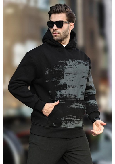 Madmext Siyah Kapüşonlu Desenli Cep Detaylı Erkek Sweatshirt 7059-siyah Siyah