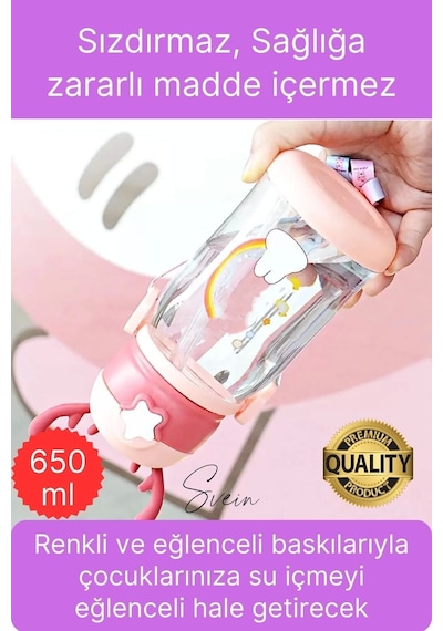 Özel Geyikli Tasarım Pipetli Sızdırmaz Kapaklı Gıdaya Uygun Çocuk Su Matarası Askılı Suluk 650 Ml Çok Renkli