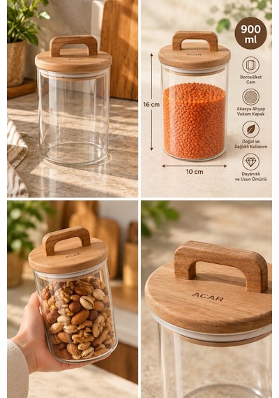 Atbyhome 12'li Kulplu Akasya Kapaklı Borosilikat Cam Kavanoz Seti 900 Ml - Vakumlu Erzak Bakliyat Kabı Ahşap - Şeffaf