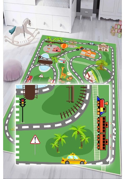 Dijital Baskılı Dekoratif Kaymaz Taban Yıkanabilir Trafik Parkı Temalı Modern Çocuk Halısı Yeşil
