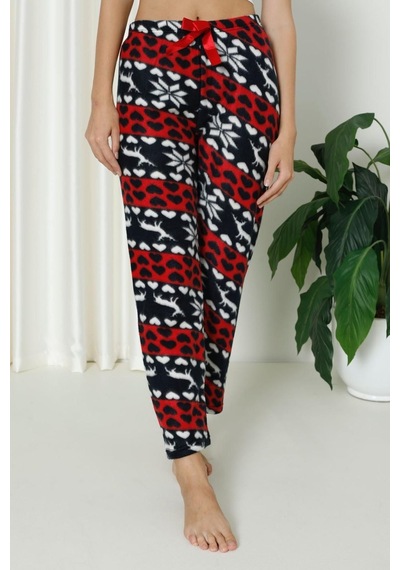 Farya Home Luxury Soft Welsoft Polar Desenli Kurdeleli Kışlık Pijama Altı Pantolon Lacivert Kırmızı Lacivert - Kırmızı