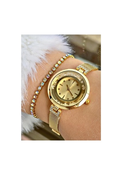 Altın Renk Taşlı Kol Saati Bileklik Hediyeli Gold - 710488427 Altın