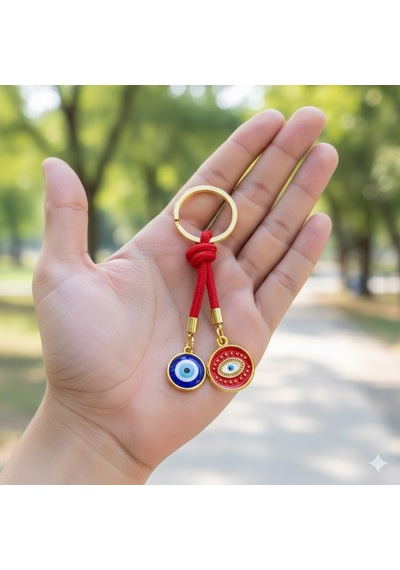 Mavi Kırmızı Nazar Boncuklu Anahtarlık - Premium Metal Halkalı Koruyucu Charm