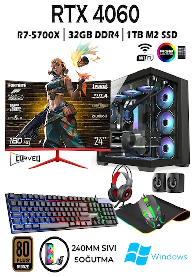 Apphirex TC82 R7-5700X 32 GB 1 TB M.2 RTX4060 8 GB 27'' W10P Masaüstü Oyuncu Bilgisayarı