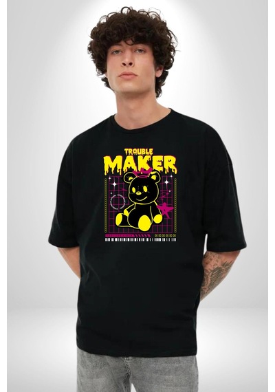 Baş Belası Teddy Pamuklu Bisiklet Yaka Unisex Oversize Boyfriend Dijital Baskılı Siyah T-shirt Siyah