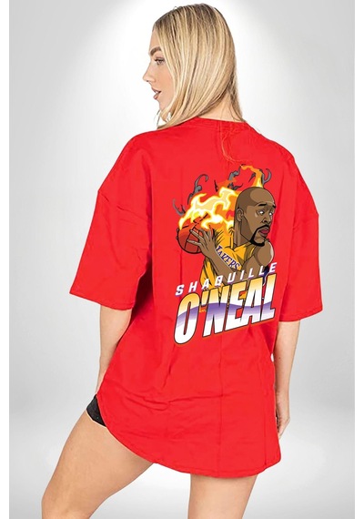Basketbol Shaquille Oneal Star Ateş Topu Kırmızı Oversize Unisex Ön Ve Sırt Baskılı Tişört Kırmızı