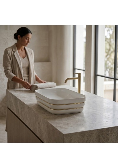 Ey-4840a Parlak Beyaz & Altın Tezgah Üstü Lavabo Altın - Beyaz
