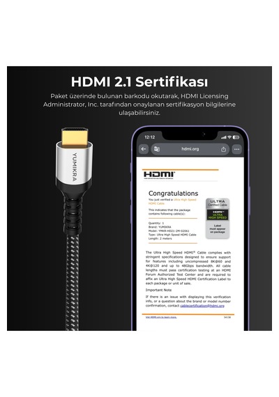 Yumıkra Hdmı 2.1 Kablo, 8k 60hz, 4k 240hz, 48 Gbit/s, Hdmı Sertifikalı, Alüminyum Gövde - 1 Metre