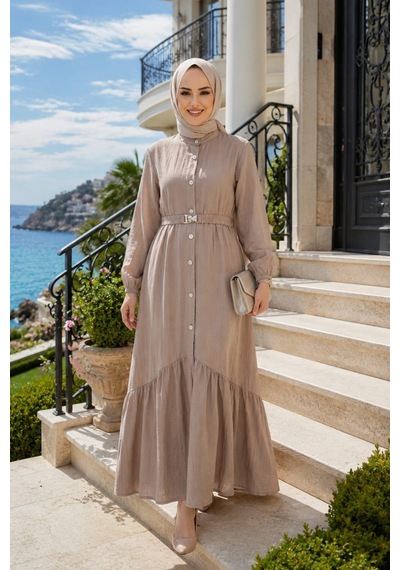 Hb Harma Time Butik Kadın Düğmeli Kemerli Çilek Kumaş Bej Elbise