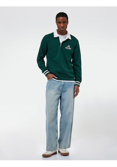 Koton Regular Fit Şardonlu Renk Kontrastlı Çizgili Polo Yaka Baskılı Sweatshirt Yeşil 6wam70163mk