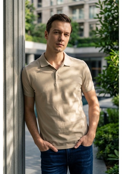 Süvari Slim Fit Düz Baskısız Pike Düğmeli Polo Yaka Nefes Alabilen T-shirt Bej