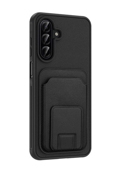 Samsung Galaxy A56 Uyumlu Kartlıklı Kılıf Gizli Kart Bölmeli, Stand Özellikli, Kamera Korumalı, Darbeye Dayanıklı, Deri Dokulu Telefon Kılıfı Siyah