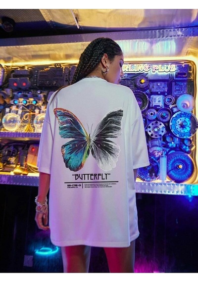 Flood Of Style Kadın Beyaz Butterfly Ön Arka Baskılı Oversize T-shirt