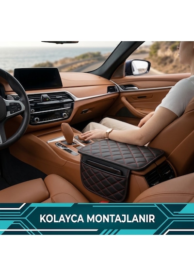 Ford Mustang Uyumlu Cepli Deri Kolçak Minderi Koruyucu Örtü Siyah Deri Kırmızı Dikiş