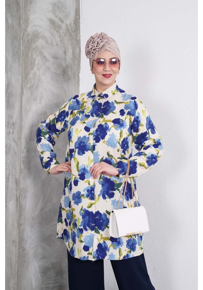Polologin Butik Mavi Yeşil Desenli Tunik Pantolon Takım Mavi & Yeşil & Lacivert