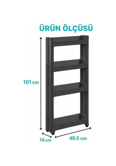 4'lü Slim Dar Alan Organizer Raf, Tekerlekli Çok Amaçlı Mutfak Ve Banyo Düzenleyici Siyah Diğer