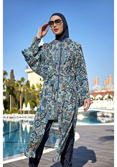 Remsa Mayo Remsa Tesettür Mayo Üzerine Tek Kaftan Kimono Pareo Rp011 İznik Lacivert