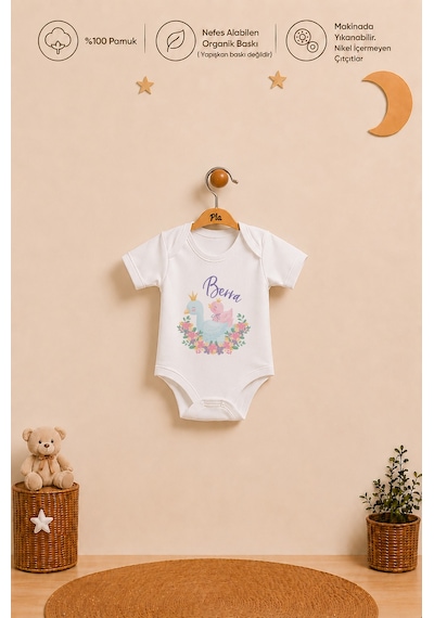Pia Baby İsme Özel Kız Bebek Body Seti 2 Adet %100 Pamuk Organik Baskılı Çıtçıtlı Zıbın Bebek Hediyesi 2034b23x Ekru