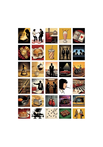 60 Adet Pulp Fiction Temalı Sticker Seti - 2 Sayfa - Laptop Defter İçin Çok Renkli