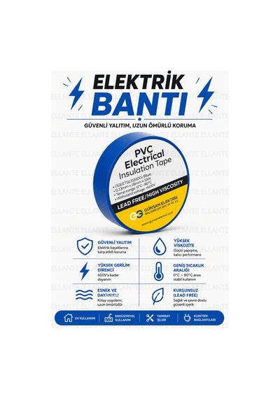 Mavi Profesyonel Pvc Elektrik Bandı 18mm X 10m Güçlü Yapışkanlı, 600v Dayanımlı, Esnek İzolasyon B