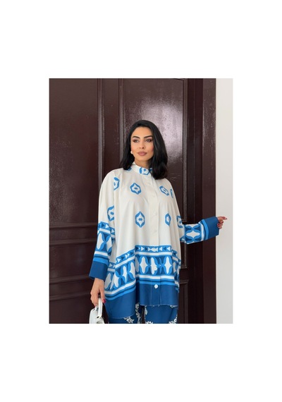 Wellway İthal Jessica Kumaş Gömlek & Pantolon 2li Takım-turkuaz Çiçekli-25100 Turkuaz