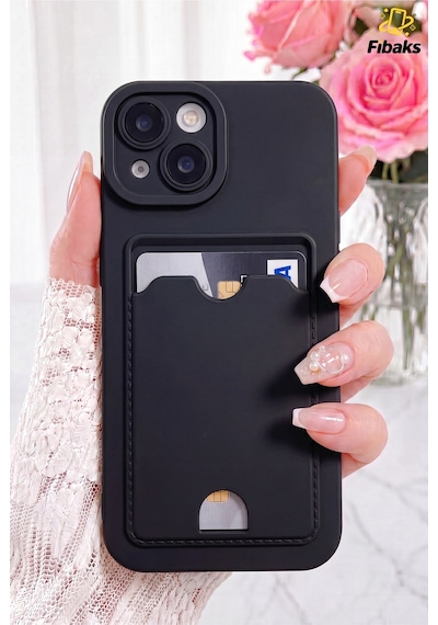 Fibaks iPhone 15 Uyumlu Kılıf Kamera Korumalı Kartlıklı Cüzdanlı Kırmızı Tuşlu Siyah Silikon Kapak