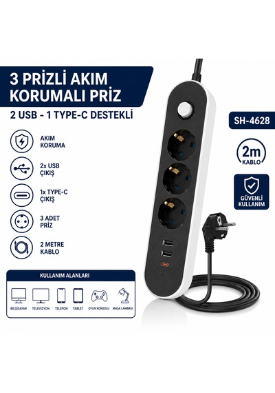 Sh-4628 3 Lü Akım Korumalı Priz 2 Usb + 1 Type-c Çıkışlı 2 Metre Kablolu Anahtarlı Topraklı Çoklu Grup Priz 2 M