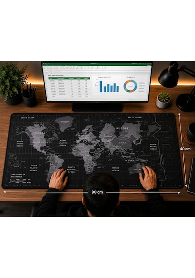 90x40 Cm Mouse Pad, Dünya Haritası Desenli Büyük Mouse Pad, Kaymaz Kauçuk Tabanlı, Dikişli Kenarlı 3 Mm Klavye Ve Mouse Altlığı, Xxl Desk Mat, Ofis Ve Gaming Masa Pedi