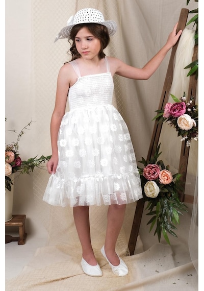 Mnk Baby & Kids Şapkalı Gipeli Kız Elbise Mnk0609 Beyaz