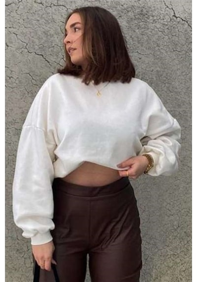 Madmext Madmext MG1559 Bisiklet Yaka Basic Kadın Sweatshirt - Ekru