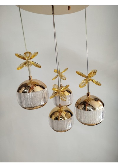 4'lü Gold Ağzı Açık Kristal Top Avize