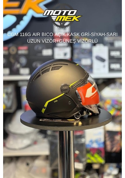 Motomek Cgm 116g Aır Bıco - Açık Kask Gri-siyah-sarı Uzun Vizör+güneş Vizörlü