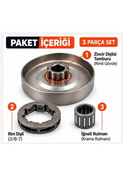 Algaride Husqvarna 61 268 272 Uyumlu Rimli Zincir Dişlisi Seti 3 Parça Zincir Rimli Dişlisi Rulman