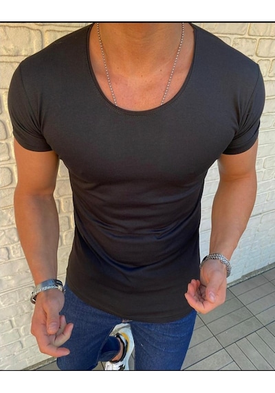 Bybülent Oval Yaka Açık Yaka Erkek Tişört Likralı Slim Fit