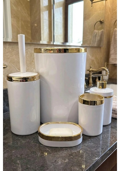 Makri Home Banyo Seti 5'li,akrilik-çöpkovası,wc Fırçalık,sıvı Sabunluk,diş Fırçalık,el Sabunluk,gold Renk Detay Beyaz
