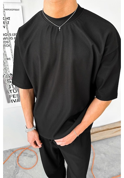 Siyah İnce Fitilli Oversize Tişört Siyah