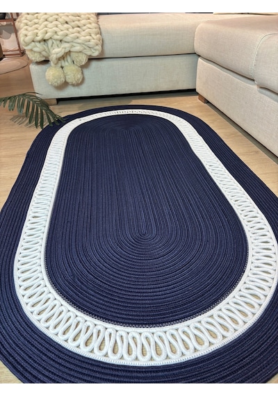 Mavaux Lotus Jüt Hasırlı El Örgüsü Kilim Lacivert - Beyaz