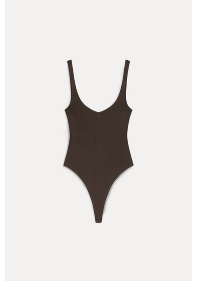 Vatkalı V Yaka Bodysuit-20483 Kahverengi