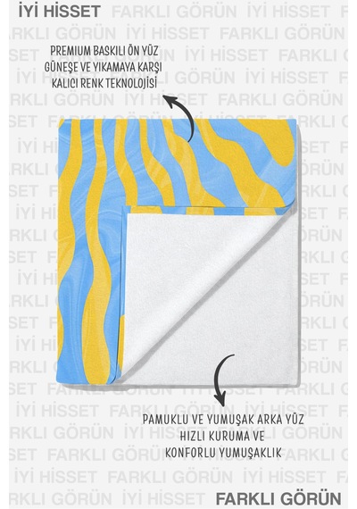 Güneş Temalı Retro Dalga Plaj Havlusu - Mavi Sarı Tropikal Modern Hızlı Kuruyan Mikrofiber Havlu Puslu Rüyası