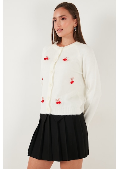 Lela Premium Regular Fit Bisiklet Yaka Kiraz Süslemeli Bayan Hırka 6802939A Ekru