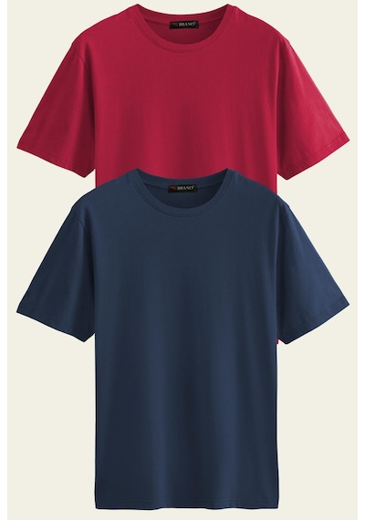Unisex 2-li Paket Basic Regular Bisiklet Yaka Kısa Kollu T-shirt-1601-lacivert - Bordo Lacivert - Bordo