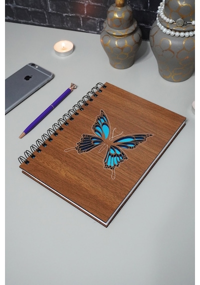 Kelebek Desenli Ahşap Defter - Ajanda - Günlük - Çizgisiz Defter Ahşap Rengi Cevzi Resim Defteri