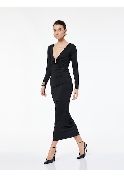 Koton Aksesuar Detaylı Uzun Kollu Slim Fit Derin V Yaka Maxi Bodycon Elbise Siyah 6wak80326ek Siyah