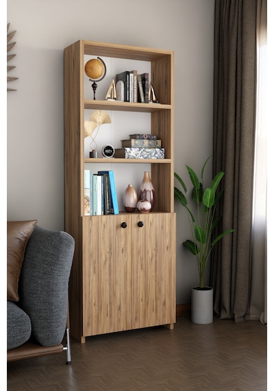 Kapaklı Çok Amaçlı Salon Dolabı 150x50x22 Cm Raflı Kitaplık Dekoratif Depolama Ünitesi Atlantik Çam