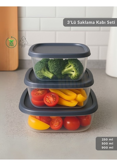 3'lü Saklama Kabı Seti Kare Erzak Kabı Bpa Free Derin Dondurucu İçin Uygun 250-500-1500 Ml Şeffaf