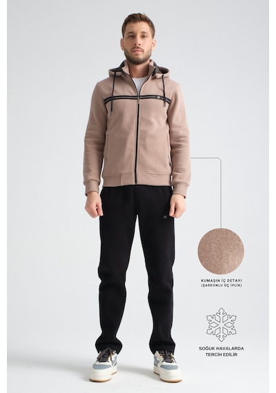 Shooter Sportswear Shooter Erkek Kışlık Eşofman Takımı Şardonlu Üç Iplik Kapüşonlu Regular Kalıp Vizon