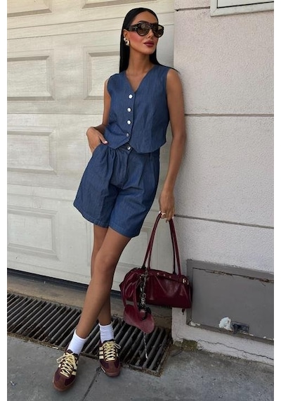 Moderie Butik Gümüş Düğmeli Yelek Ve Şort Tensel Takım 10174 Koyumavi