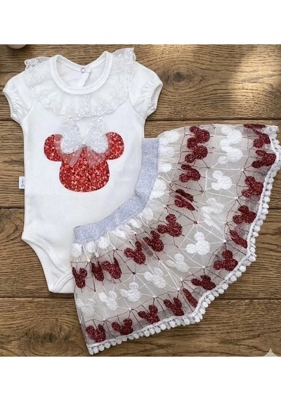 Biçomi Mickey Payet Nakışlı Brode Etekli Kız Bebek Özel Gün Takımı - Kırmızı Kırmızı