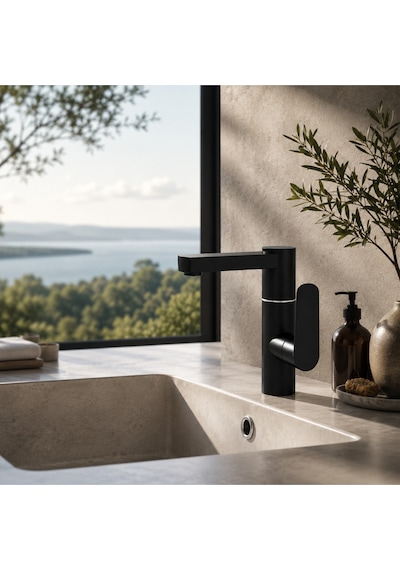 Lüx Premium Silva 360 Döner Borulu Siyah Banyo Lavabo Bataryası Musluğu Çeşmesi Modern Batarya
