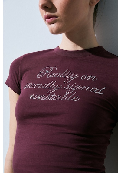 Grımelange Vanyrose Kadın Yumuşak Kumaşlı %100 Pamuk Taş Detaylı Slim Fit Bordo T-shirt Bordo
